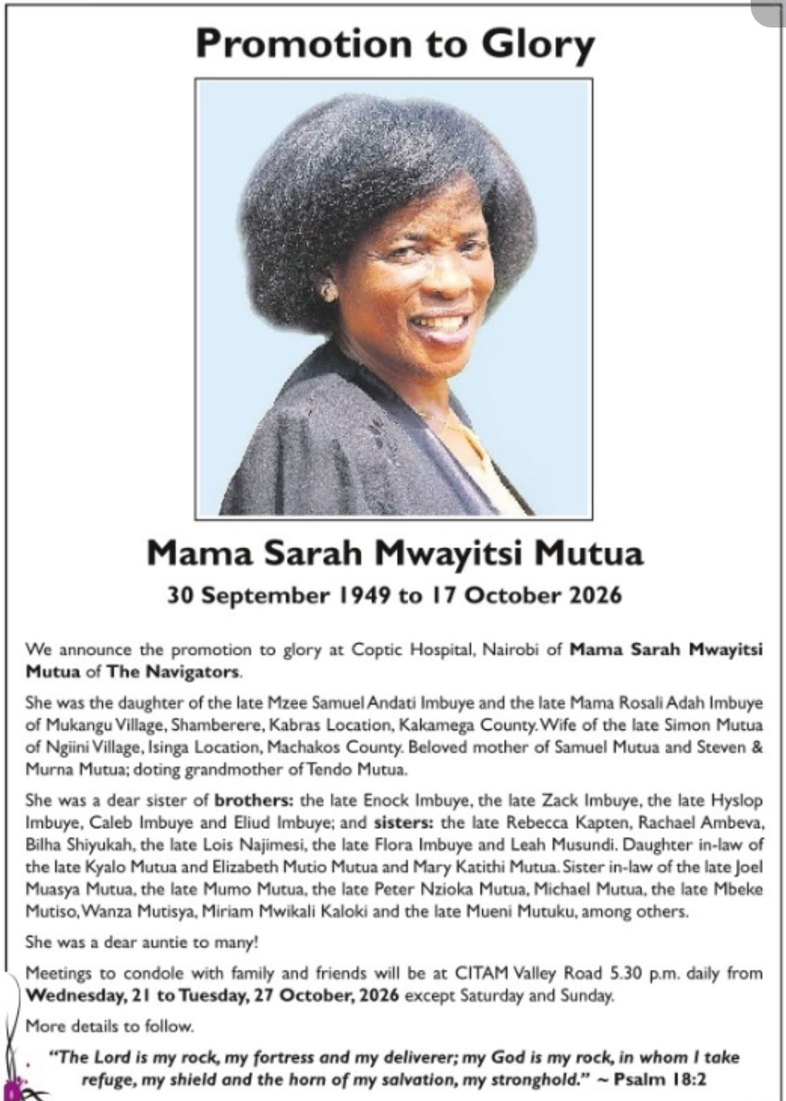 Promotion to Glory announcement for Mama Sarah Mwayitsi Mutua, 30 September 1949 to 17 October 2026, with her portrait, family remembrance and condolence meeting details